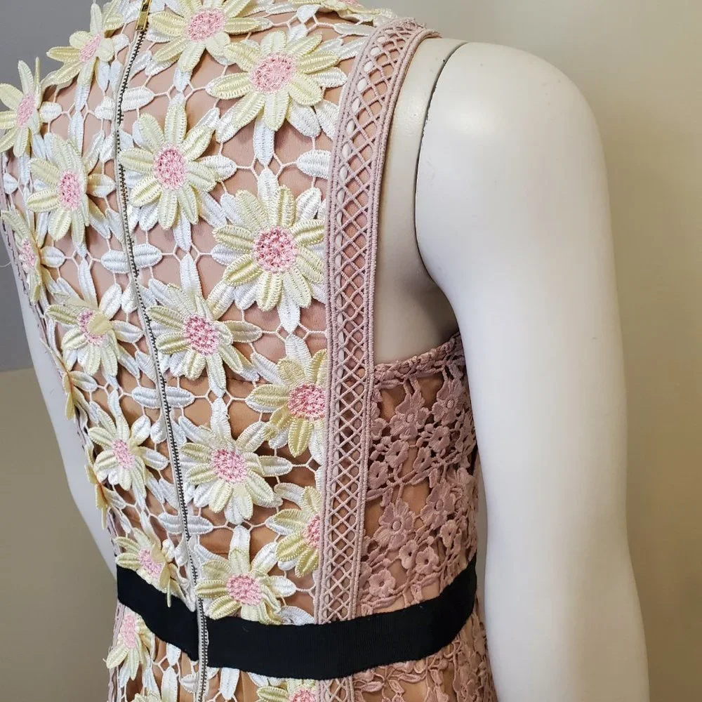 Self Portrait Daisy Floral Applique Lace Nude Illusion Midi Dress Wedding Size 6 - Picture 7 of 13